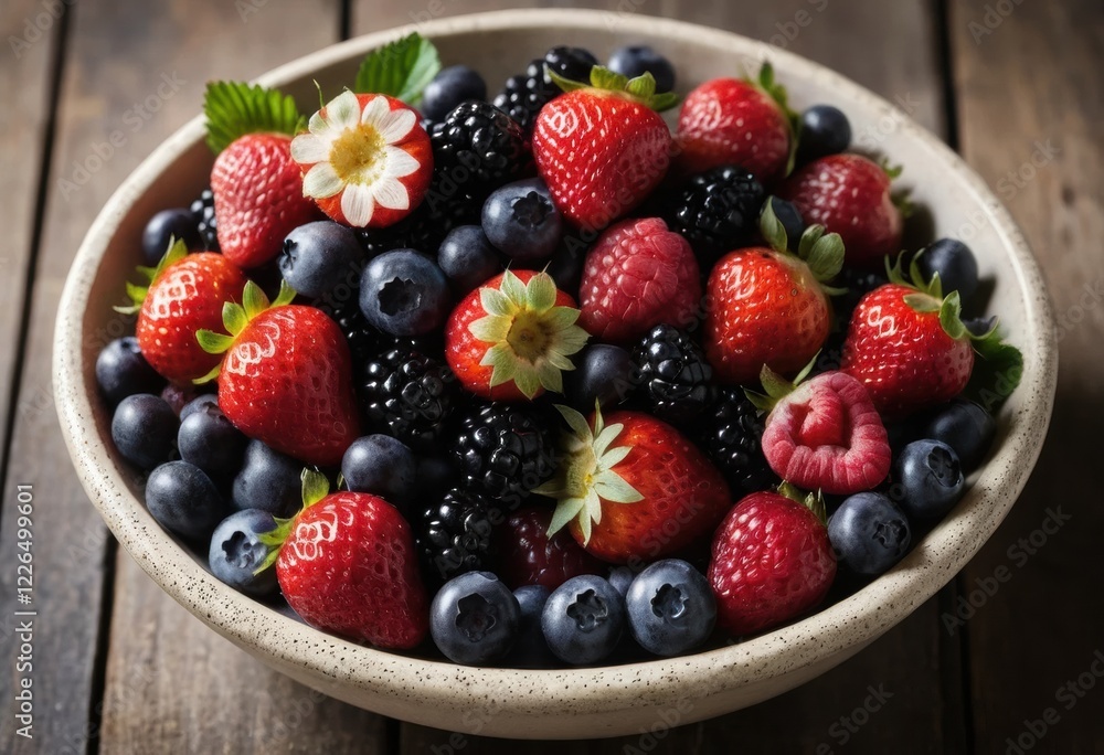 A Fresh Bowl of Summer Berries: Strawberries, Blueberries, Blackberries, and Raspberries in a Rustic Bowl A Fresh Bowl of Summer Berries: Strawberries, Blueberries, Blackberries, and Raspberries in a Rustic Bowl