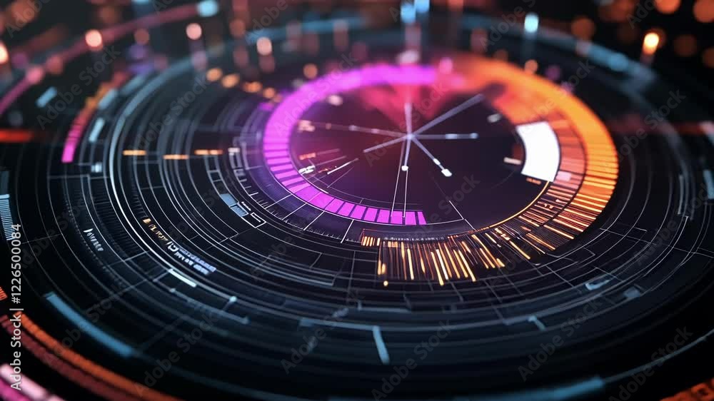 Glowing futuristic circular heads up display - hud - element visualizing manufacturing data analysis with colorful progress bars and intricate details on a dark background Glowing futuristic circular heads up display - hud - element visualizing manufacturing data analysis with colorful progress bars and intricate details on a dark background