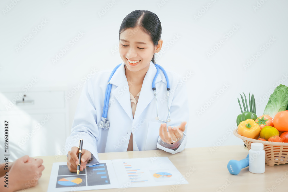 An Asian female doctor at her hospital desk works on a laptop, discussing the importance of eating fruits and vegetables for health and recommending nutritious diets online for patients' well-being An Asian female doctor at her hospital desk works on a laptop, discussing the importance of eating fruits and vegetables for health and recommending nutritious diets online for patients' well-being