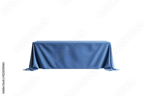 A Blue tablecloth on a long rectangular podium, isolated against