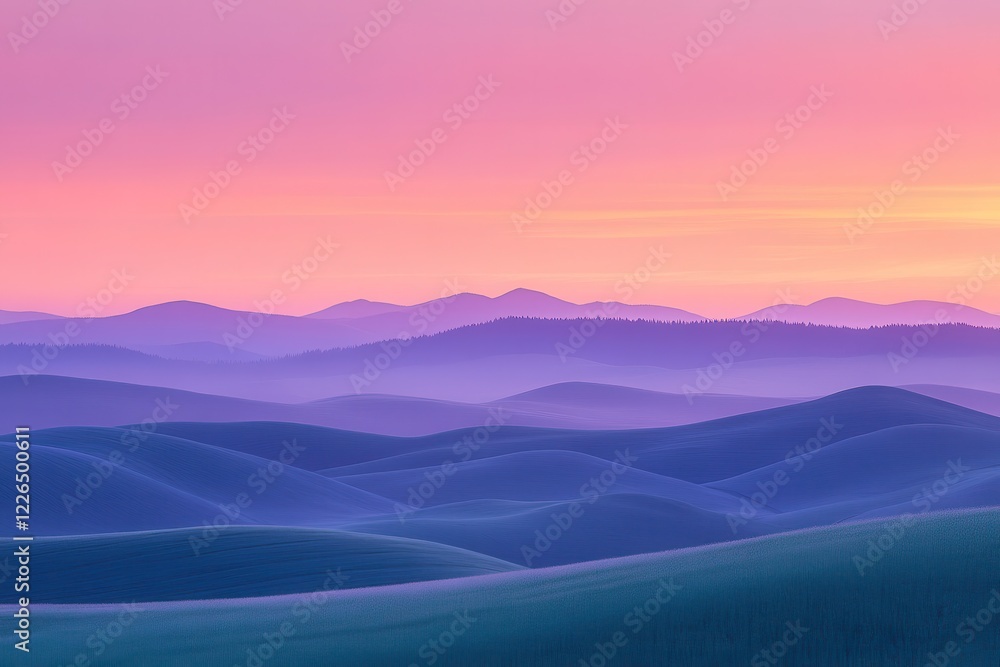 Serene Landscape of Rolling Hills Under a Colorful Sunset in a Tranquil Environment. Generative AI Serene Landscape of Rolling Hills Under a Colorful Sunset in a Tranquil Environment. Generative AI