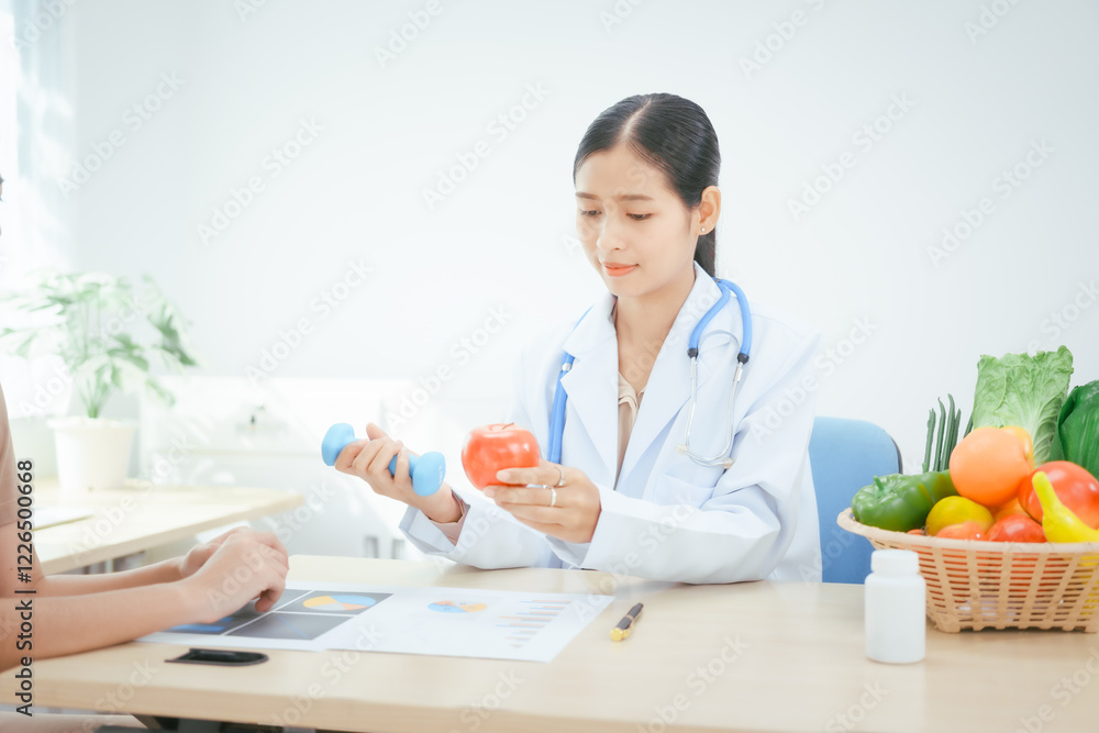 A young female nutritionist expert works at a hospital desk,consulting female patients about eating vegetables fruits, promoting a healthy diet,providing guidance for effective weight loss wellness