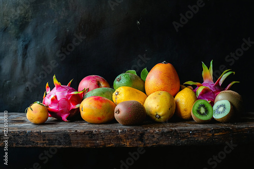 Colorful assortment of tropical fruits arranged on a rustic wooden table against a dark background photo