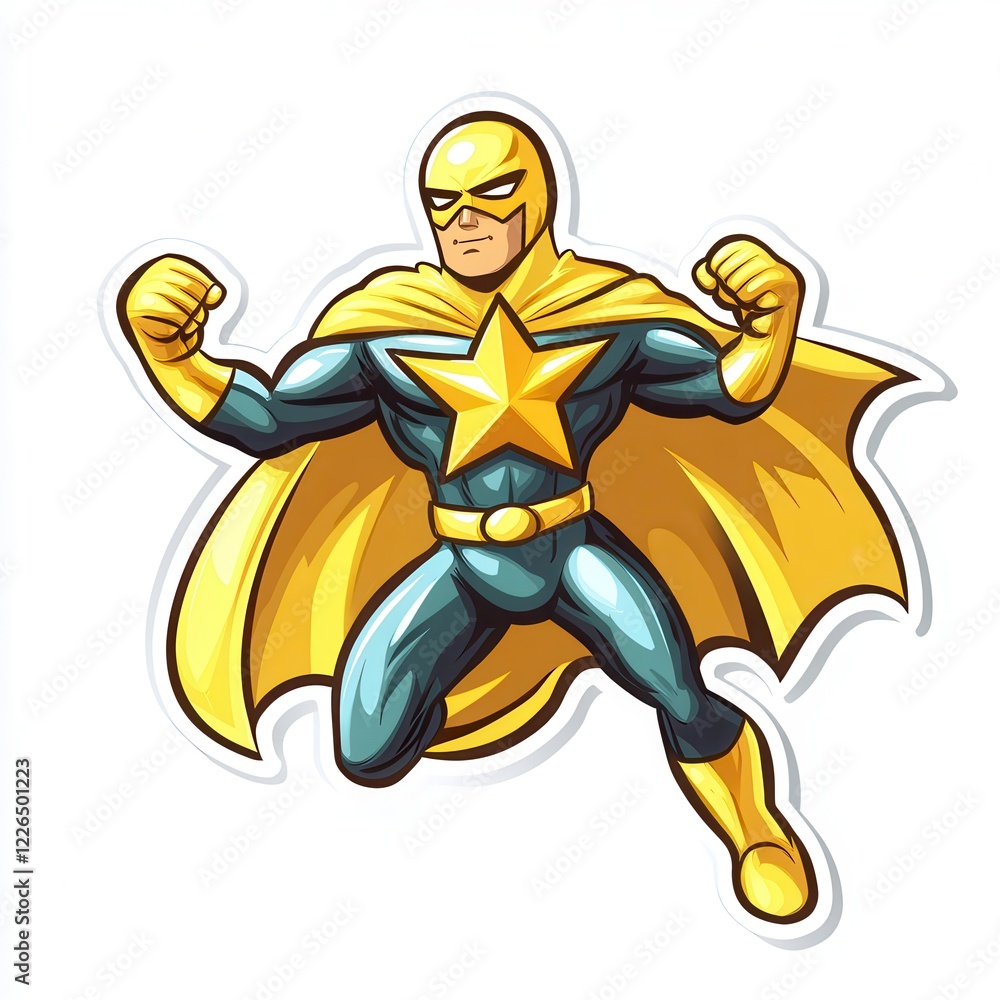 Gold Star Superhero Sticker Striking a Dynamic Pose on a White Background. Generative AI Gold Star Superhero Sticker Striking a Dynamic Pose on a White Background. Generative AI