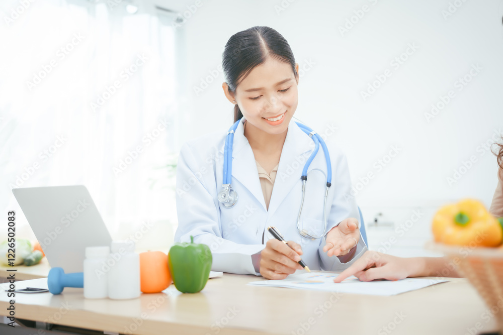 A young female nutritionist expert works at a hospital desk,consulting female patients about eating vegetables fruits, promoting a healthy diet,providing guidance for effective weight loss wellness A young female nutritionist expert works at a hospital desk,consulting female patients about eating vegetables fruits, promoting a healthy diet,providing guidance for effective weight loss wellness