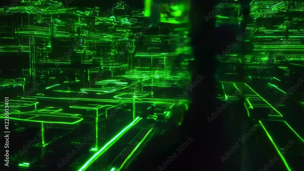 Abstract green neon city lights reflecting on a dark surface. Abstract green neon city lights reflecting on a dark surface.