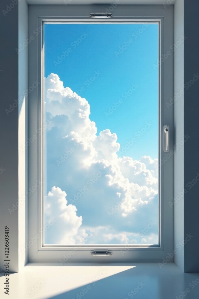 Soft white clouds float above a serene window scene, peaceful ambiance, blue sky Soft white clouds float above a serene window scene, peaceful ambiance, blue sky