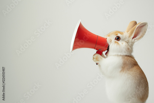 Cute rabbit with megaphone, advertising, social media, branding, marketing, decor print, illustration, storytelling, blog, digital content banner web flyer poster photo