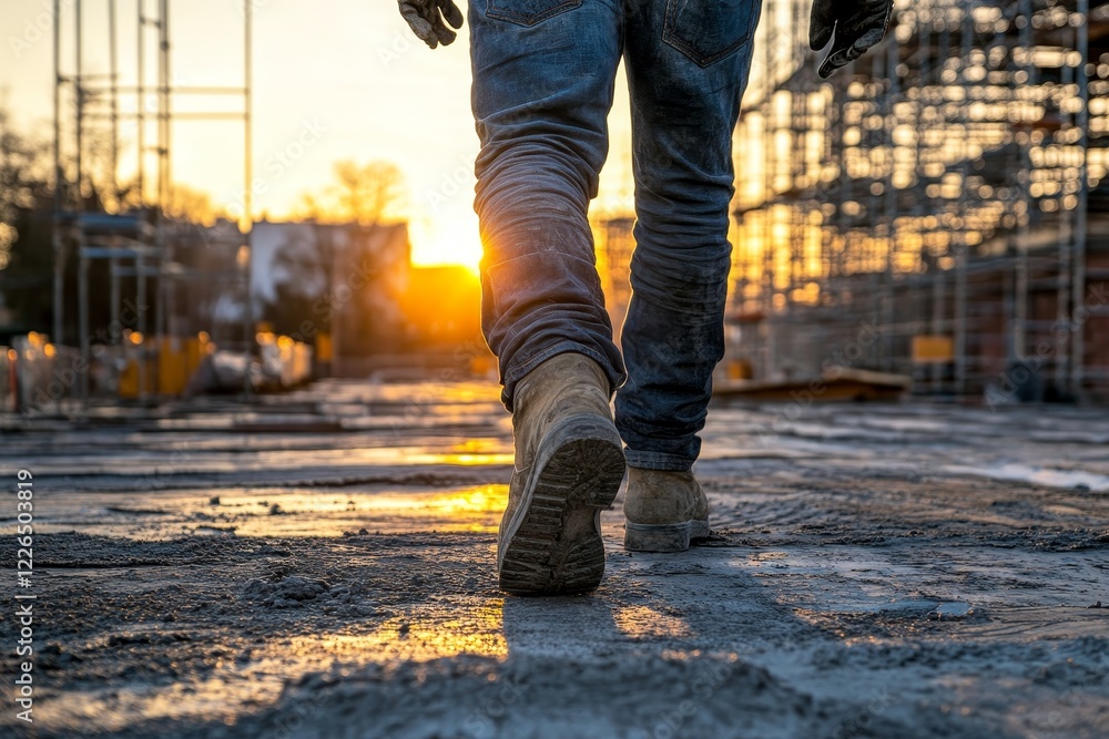 Worker Walking on Construction Site at Sunset with Boots and Shadows Worker Walking on Construction Site at Sunset with Boots and Shadows