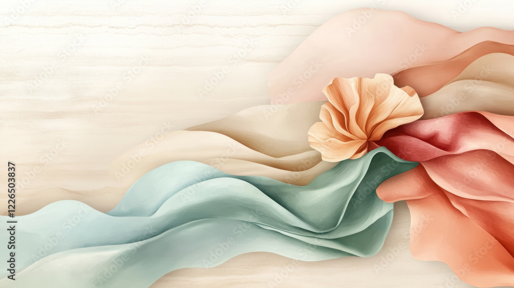 Soft pastel colored fabric waves flow gracefully with delicate flower accent, creating serene and artistic composition. textures evoke sense of calm and elegance Soft pastel colored fabric waves flow gracefully with delicate flower accent, creating serene and artistic composition. textures evoke sense of calm and elegance