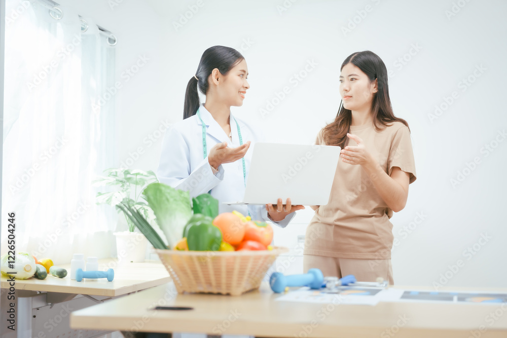 A young female nutritionist expert works at a hospital desk,consulting female patients about eating vegetables fruits, promoting a healthy diet,providing guidance for effective weight loss wellness A young female nutritionist expert works at a hospital desk,consulting female patients about eating vegetables fruits, promoting a healthy diet,providing guidance for effective weight loss wellness