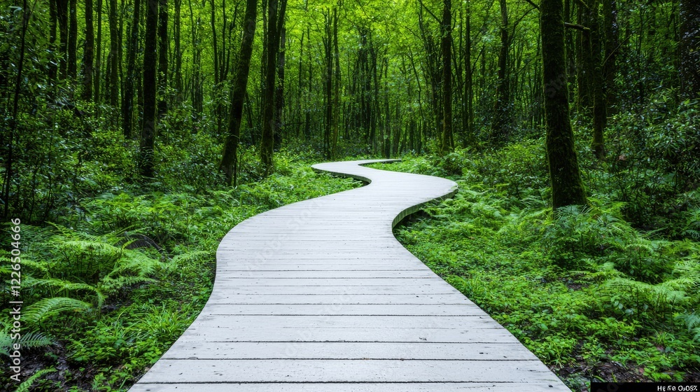 Winding boardwalk path through lush green forest