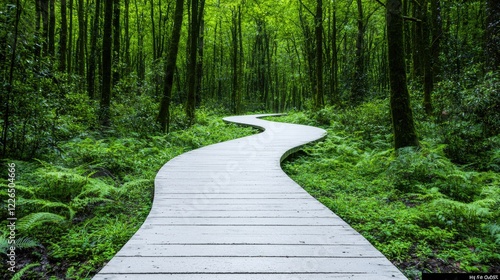 Obraz na płótnie Winding boardwalk path through lush green forest w salonie