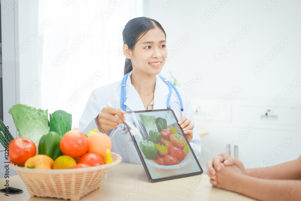 A young female nutritionist expert talks to a female patient at a table, recommending a healthy diet with vegetables and fruits to promote wellness, balanced nutrition, and effective weight loss A young female nutritionist expert talks to a female patient at a table, recommending a healthy diet with vegetables and fruits to promote wellness, balanced nutrition, and effective weight loss