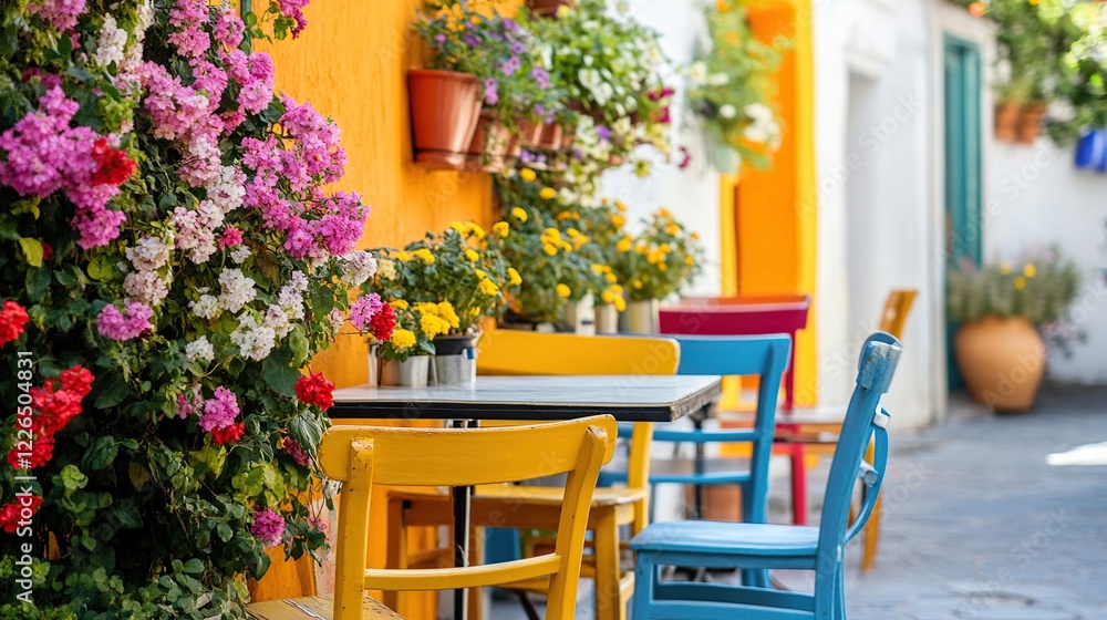 Fototapeta premium Colorful cafe tables, flowers, alleyway, sunny day, Mediterranean