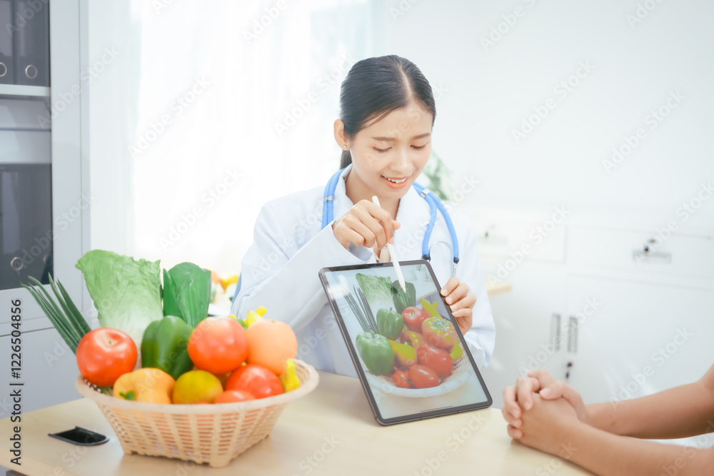 A young female nutritionist expert talks to a female patient at a table, recommending a healthy diet with vegetables and fruits to promote wellness, balanced nutrition, and effective weight loss A young female nutritionist expert talks to a female patient at a table, recommending a healthy diet with vegetables and fruits to promote wellness, balanced nutrition, and effective weight loss