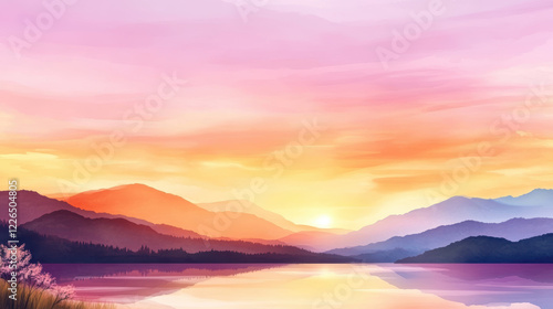 serene sunrise over tranquil lake, with soft purples, pinks, and oranges blending into sky, reflecting on water, and surrounded by distant mountains and gentle foliage