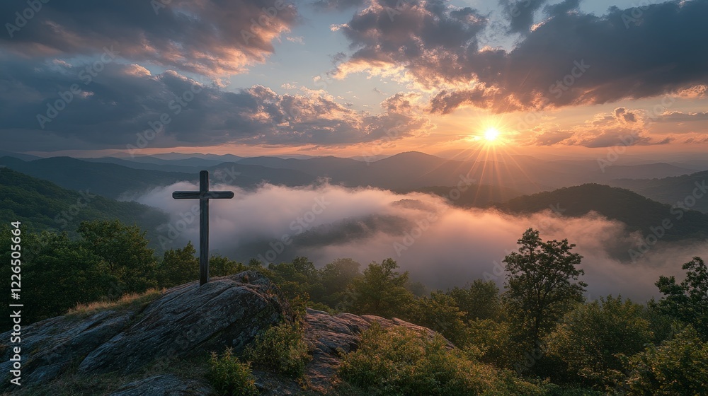 A cross on a hilltop with dramatic sunlight breaking through the clouds. Ideal for faith-based themes, inspiration, or spiritual content. A cross on a hilltop with dramatic sunlight breaking through the clouds. Ideal for faith-based themes, inspiration, or spiritual content.