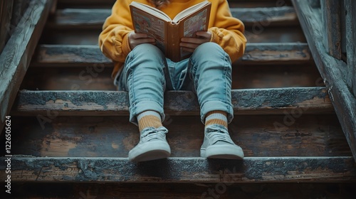 Low-angle shot of a child sitting on a staircase, their feet dangling as they read a dog-eared book with intense focus