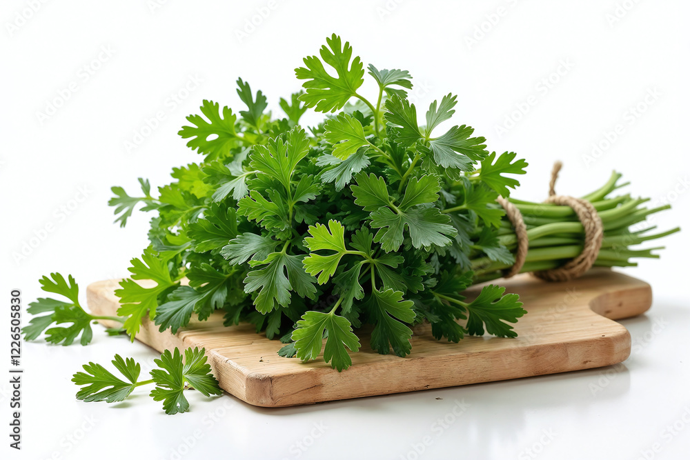 Fresh Parsley Bundle with Twine on Wooden Board Fresh Parsley Bundle with Twine on Wooden Board