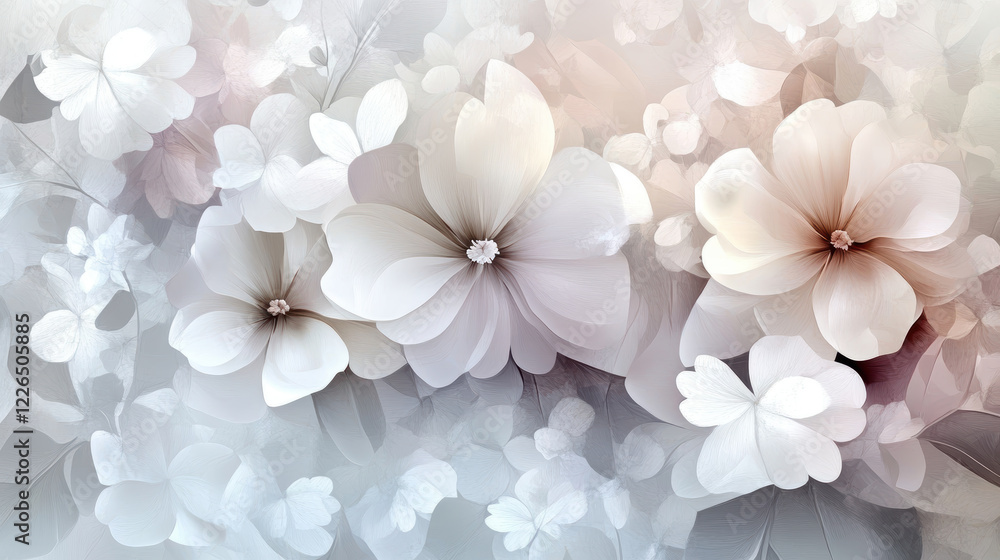 Delicate frosted floral design with soft white and beige petals blending into dreamy, ethereal background, evoking serene and elegant atmosphere Delicate frosted floral design with soft white and beige petals blending into dreamy, ethereal background, evoking serene and elegant atmosphere