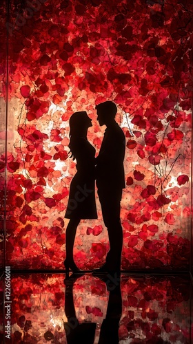 Couple's Romantic Silhouette Surrounded by Vibrant Rose Petals in Warm Lighting. Generative AI