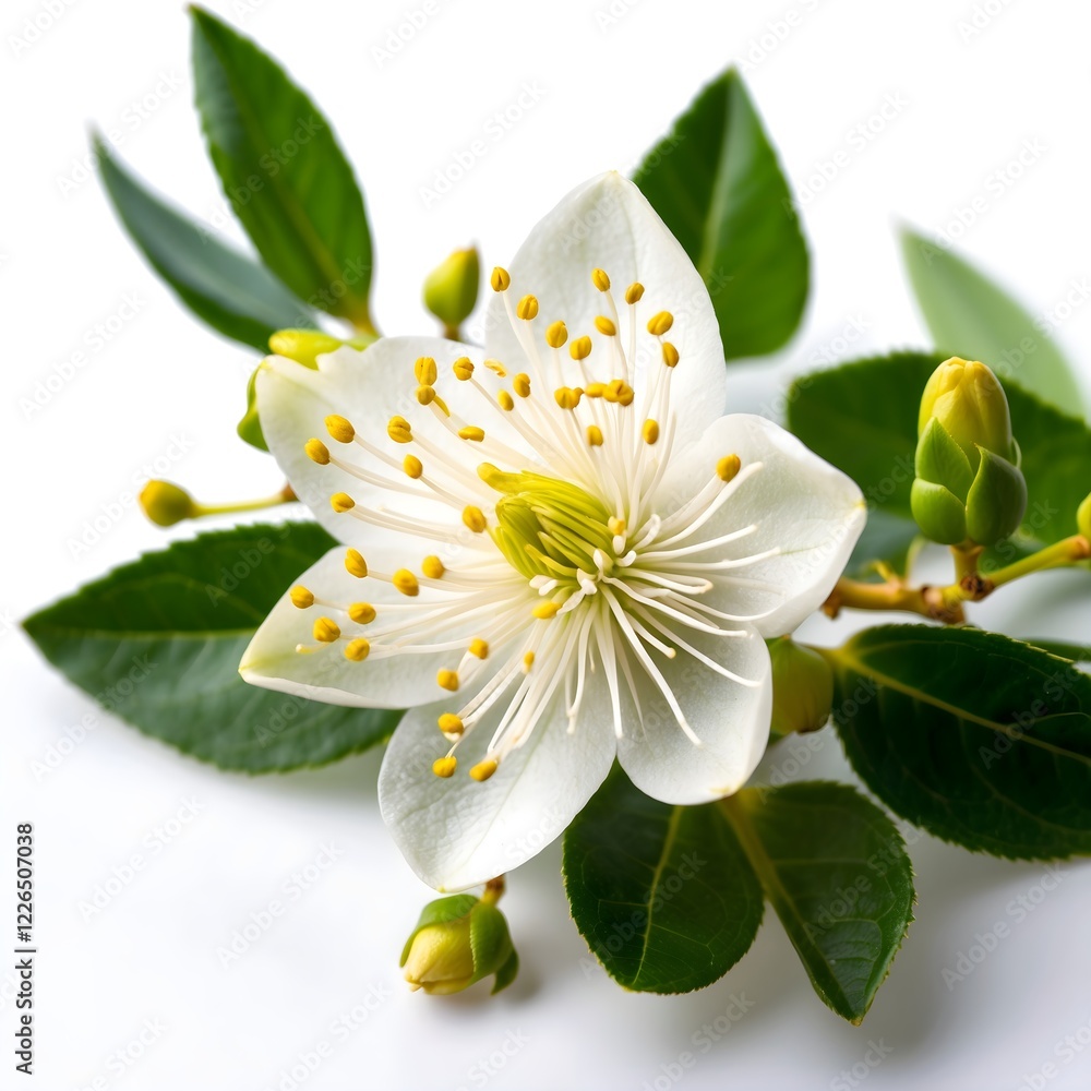 Fototapeta premium Myrtle flower beautiful photography Myrtus flower isolated Nature's beauty white blossom Close-Up Myrtus flowering twig and leaves Myrtle flower White Petals, Yellow Center and Green Leaves