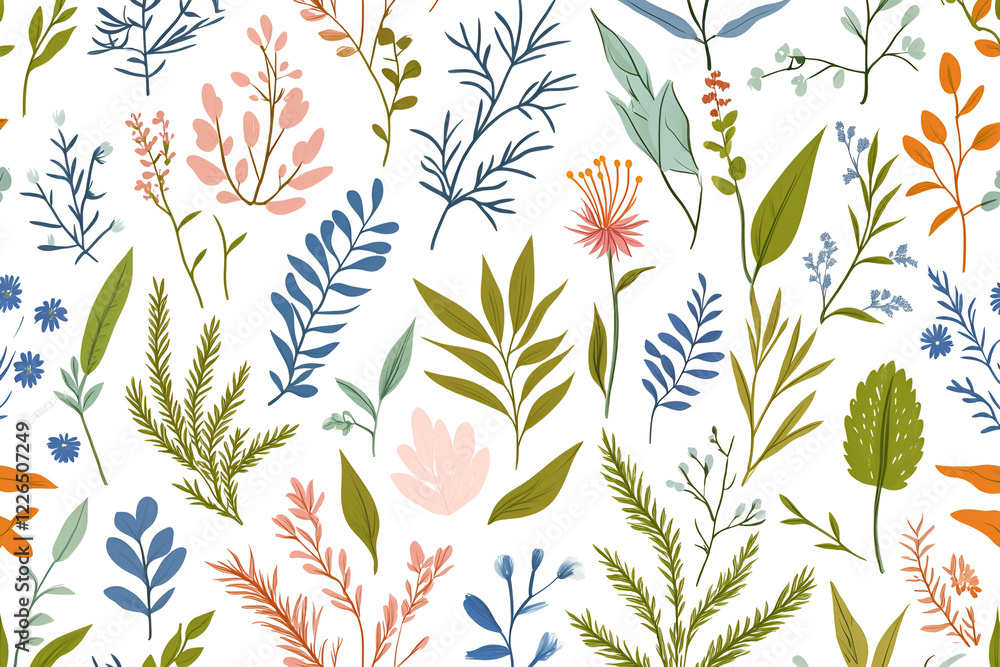 Whimsical Floral Pattern: This seamless, enchanting pattern is filled with colorful botanical elements. Vivid greens, soft blues, and warm oranges are woven into a stunning display of vibrant flora.