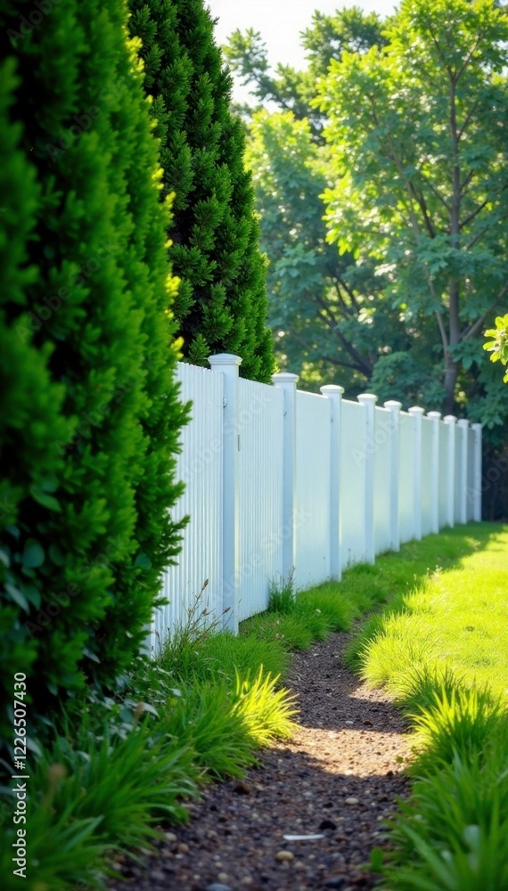 Fototapeta premium Tall white fence with dense evergreen hedges on either side, serene, solitude, landscape