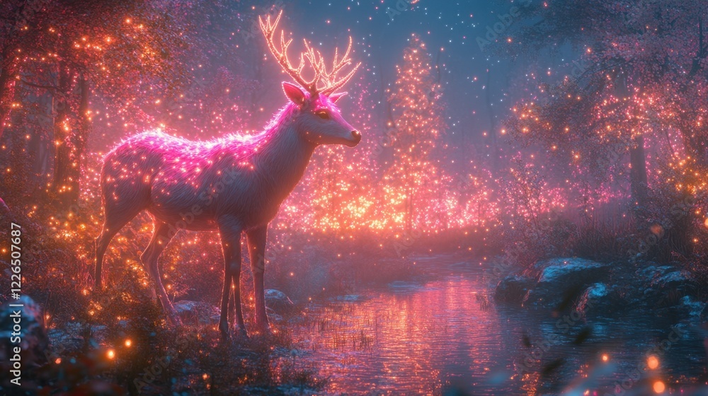 Unicorn deer prancing through enchanted forest with rainbow lights Unicorn deer prancing through enchanted forest with rainbow lights