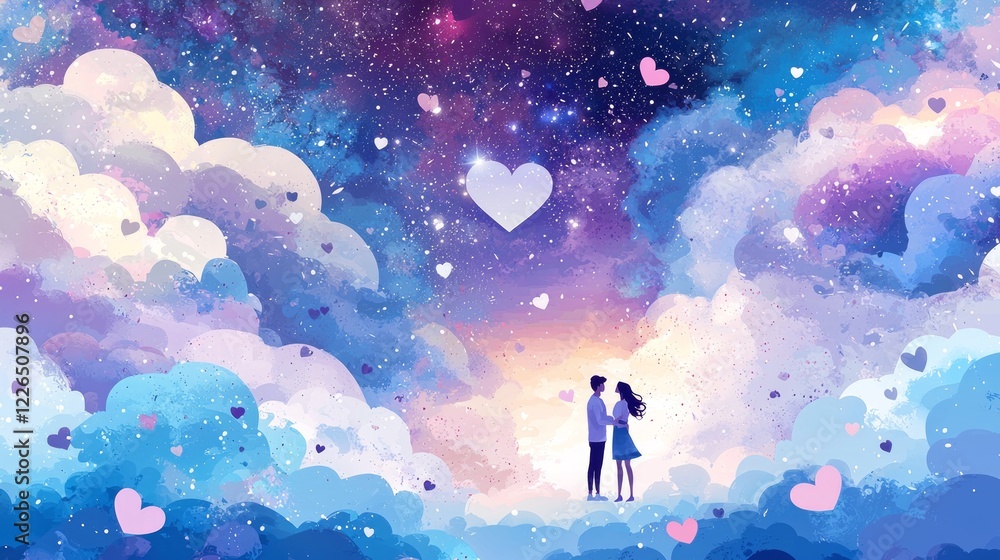 Obraz premium Valentine mockup card elements design. Couple Under Starry Sky Amidst Clouds with Floating Hearts Romantic Illustration.