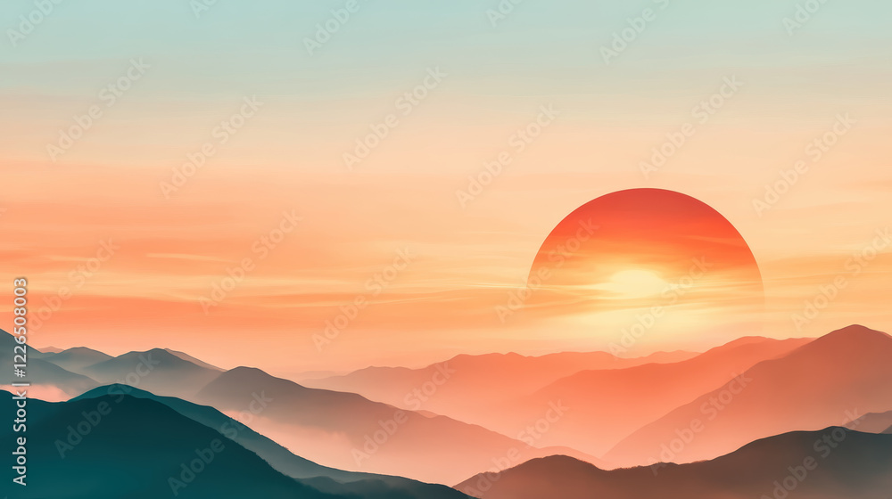Obraz premium serene minimalist sunset with vivid abstract hues, clean horizon, and layered mountain silhouettes creates tranquil and dreamy atmosphere