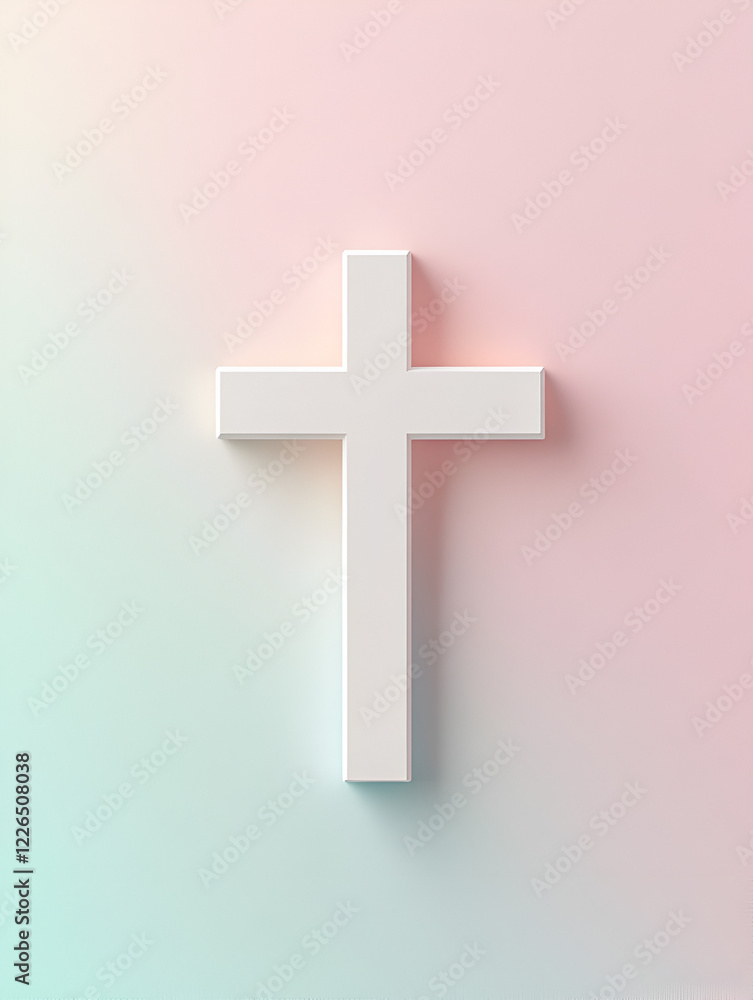 Serene Cross: Minimalist rendering of a white cross against a soft pastel pink and blue gradient background.  The image evokes feelings of peace, hope, and spirituality.