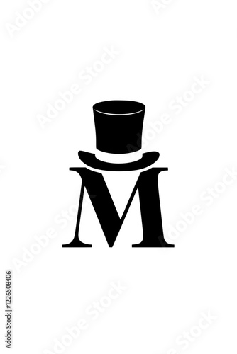 Letter M with Stylish Top Hat Design , Black and white artistic representation of the letter M wearing an elegant top hat, symbolizing sophistication, class, and vintage fashion.  
 
