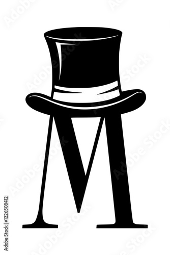 Letter M with Stylish Top Hat Design , Black and white artistic representation of the letter M wearing an elegant top hat, symbolizing sophistication, class, and vintage fashion.  
 
