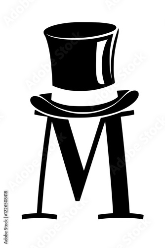 Letter M with Stylish Top Hat Design , Black and white artistic representation of the letter M wearing an elegant top hat, symbolizing sophistication, class, and vintage fashion.  
 
