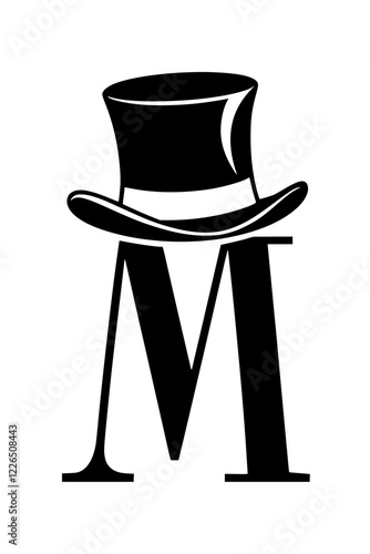 Letter M with Stylish Top Hat Design , Black and white artistic representation of the letter M wearing an elegant top hat, symbolizing sophistication, class, and vintage fashion.  
 
