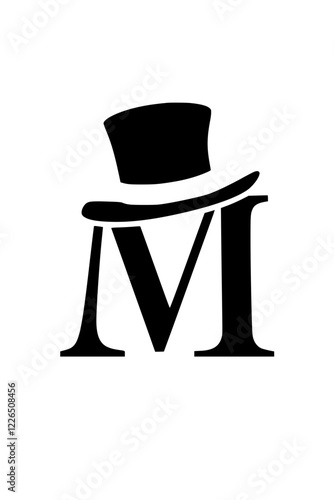 Letter M with Stylish Top Hat Design , Black and white artistic representation of the letter M wearing an elegant top hat, symbolizing sophistication, class, and vintage fashion.  
 
