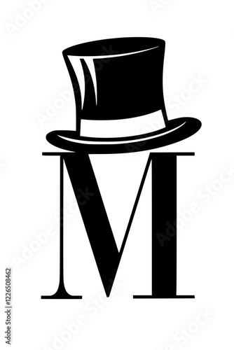 Letter M with Stylish Top Hat Design , Black and white artistic representation of the letter M wearing an elegant top hat, symbolizing sophistication, class, and vintage fashion.  
 
