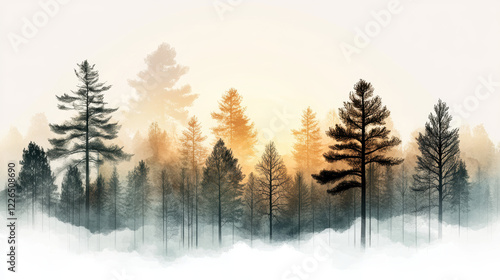 serene forest edge with stylized tree silhouettes, blending soft hues of orange and green, evoking tranquil sunrise atmosphere. misty background enhances peaceful ambiance