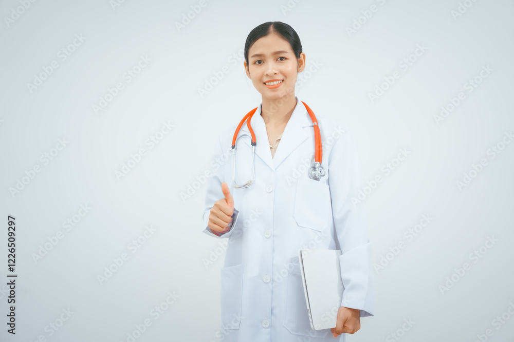A young female doctor expert, smiling in a white coat with a stethoscope, stands against a white background, holding a medical report, providing online advice in a doctor's office A young female doctor expert, smiling in a white coat with a stethoscope, stands against a white background, holding a medical report, providing online advice in a doctor's office