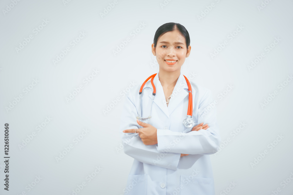 A young female doctor expert, smiling in a white coat with a stethoscope, stands against a white background, holding a medical report, providing online advice in a doctor's office A young female doctor expert, smiling in a white coat with a stethoscope, stands against a white background, holding a medical report, providing online advice in a doctor's office