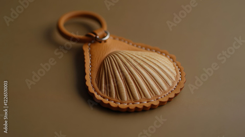 An artisanal leather keychain in the shape of a seashell, embossed and stitched with refined detail, warm earth tones on a muted solid-color background photo