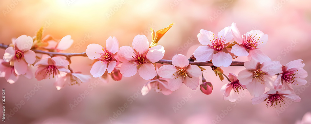 Fototapeta premium Pink blossoms branch, sunrise, garden, spring
