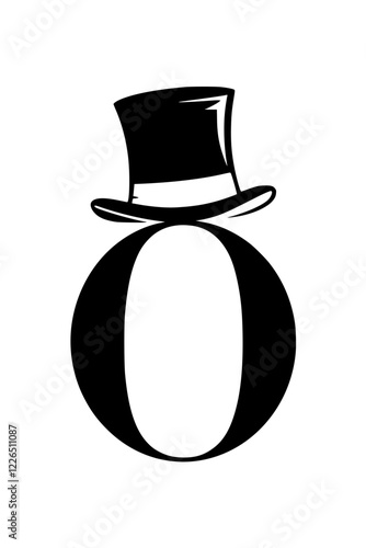 Letter O with Elegant Top Hat Design, Black and white artistic representation of the letter O adorned with a stylish top hat, symbolizing sophistication, class, and vintage charm.  
  
