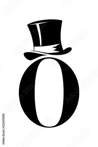 Letter O with Elegant Top Hat Design, Black and white artistic representation of the letter O adorned with a stylish top hat, symbolizing sophistication, class, and vintage charm.  
  
