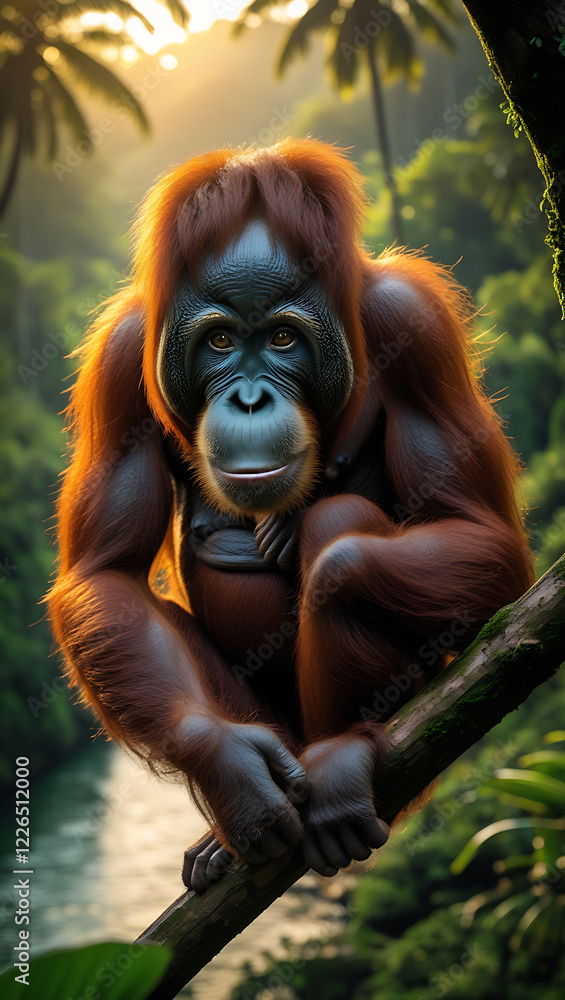 Naklejka premium orang Utan on its habitat, Papua Forest, extinct animal sunset, tropical forest, river, created by generative ai