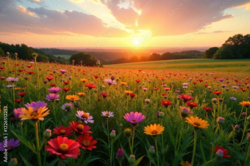 Wildflowers blooming in the meadow at sunrise, fields, sunrise, sky Wildflowers blooming in the meadow at sunrise, fields, sunrise, sky