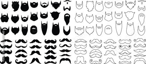 Beards, moustache icon in flat line set. Vector for apps or website for men face isolated on transparent background Symbol of man Hipster or retro gentleman with long curly beard moustache