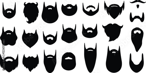 Beards Black silhouette icon in flat set. Symbol of man beard Vector for apps or website beards for men face isolated on transparent background Hipster or retro gentleman with long curly beard